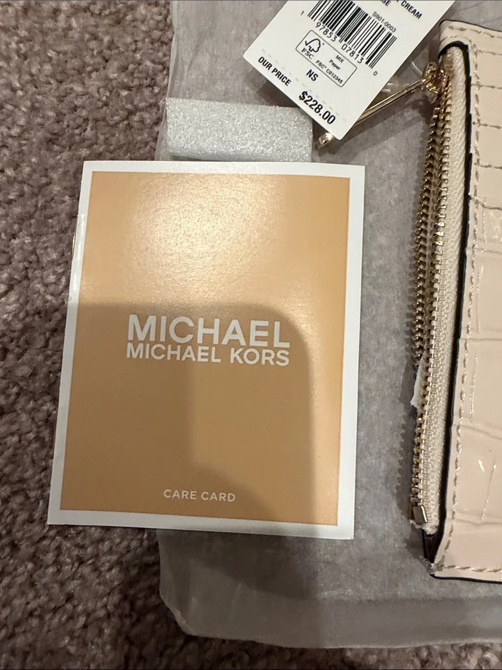 Michael Kors Cream Croc-Embossed Card Wallet with Gold Logo